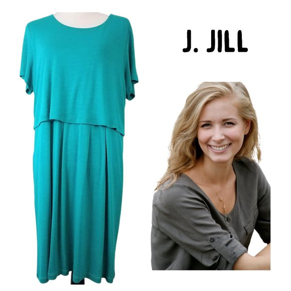 NWT J. JILL Layered Knit Button-Back Dress Blue Green Lagoon Women's L Petite - Picture 1 of 10